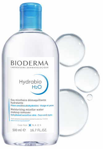BIODERMA product photo, Hydrabio H2O 500ml, cleansing makeup removing micellar water, dehydrated sensitive skin