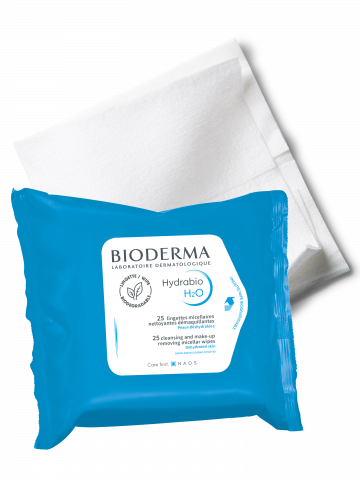 BIODERMA product photo, Hydrabio H2O Wipes, micellar makeup removing and cleansing wipes for dehydrated skin, towelettes