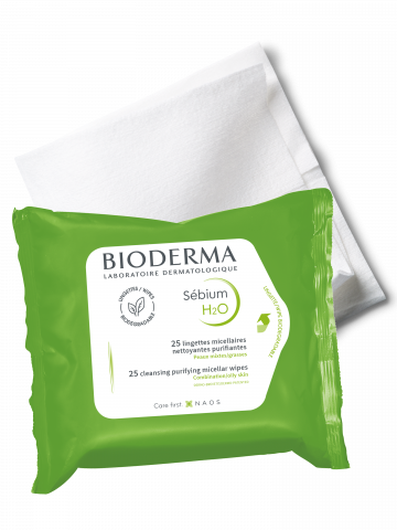 BIODERMA product photo, Sebium H2O Wipes, micellar makeup removing and cleansing wipes for combination to oily skin, towelettes