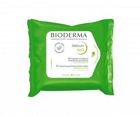 BIODERMA product photo, Sebium H2O Wipes, micellar makeup removing and cleansing wipes for combination to oily skin, towelettes
